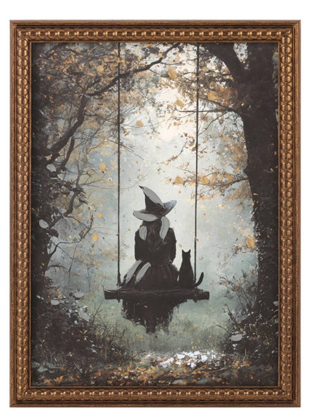 Framed Witch on Swing Wall Art - Black and Gold